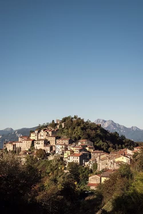 The town of Montefegatesi from a distance. 