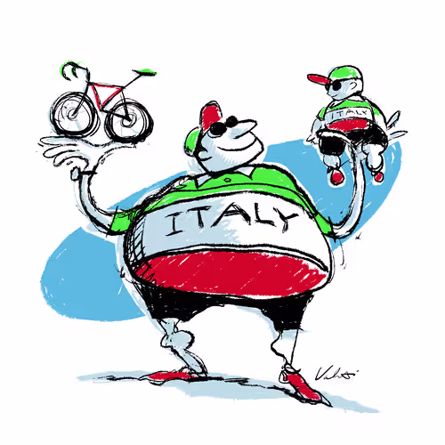 Illustration of a large cyclist holding a bike and a small child.