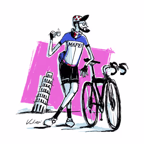 Illustration of a man with his bike drinking coffee in front of the Leaning Tower of Pisa.