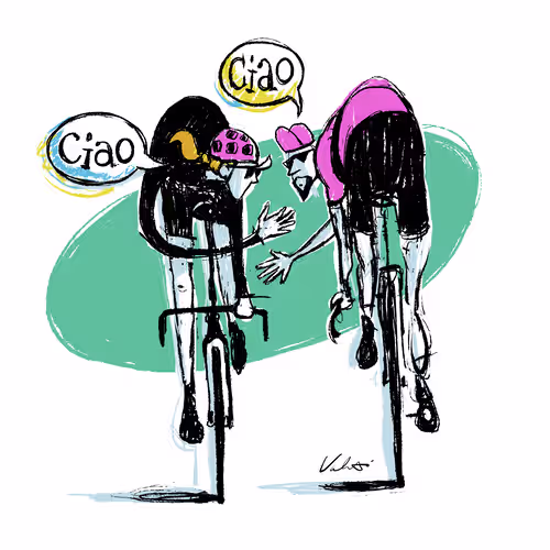 Illustration of two cyclists saying "ciao" to each other.