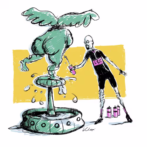 Illustration of a man filling up his water bottle at a fountain.