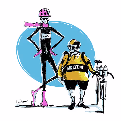 Illustration of two cyclists wearing retro cycling gear.