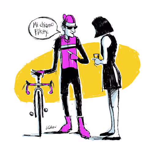 Illustration of a man speaking Italian to a woman.