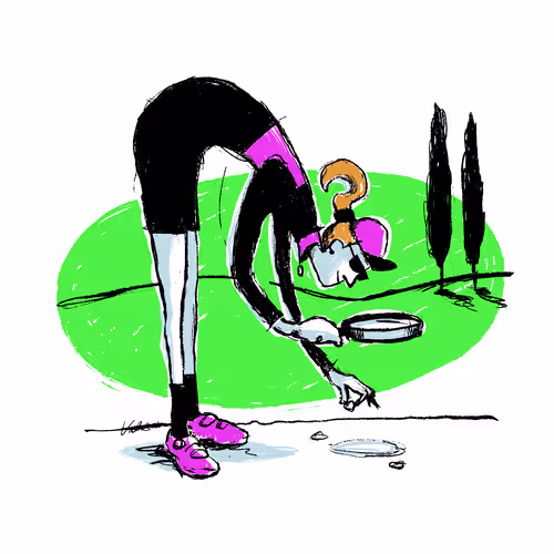 Illustration of a female cyclist studying the pavement with a magnifying glass.