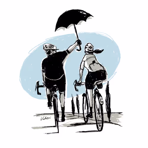 Illustration of a man holding an umbrella over a woman while both pedaling bicycles.
