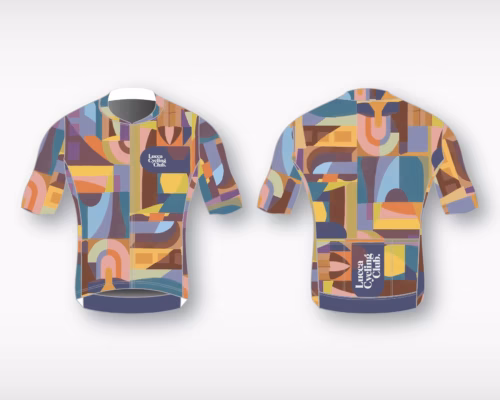 Colorful cycling jersey graphic.